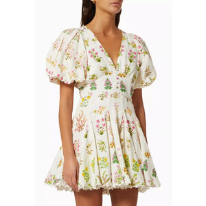 Hemant & Nandita Floral Puff Sleeve Babydoll Skater Mini Dress White Women's XS